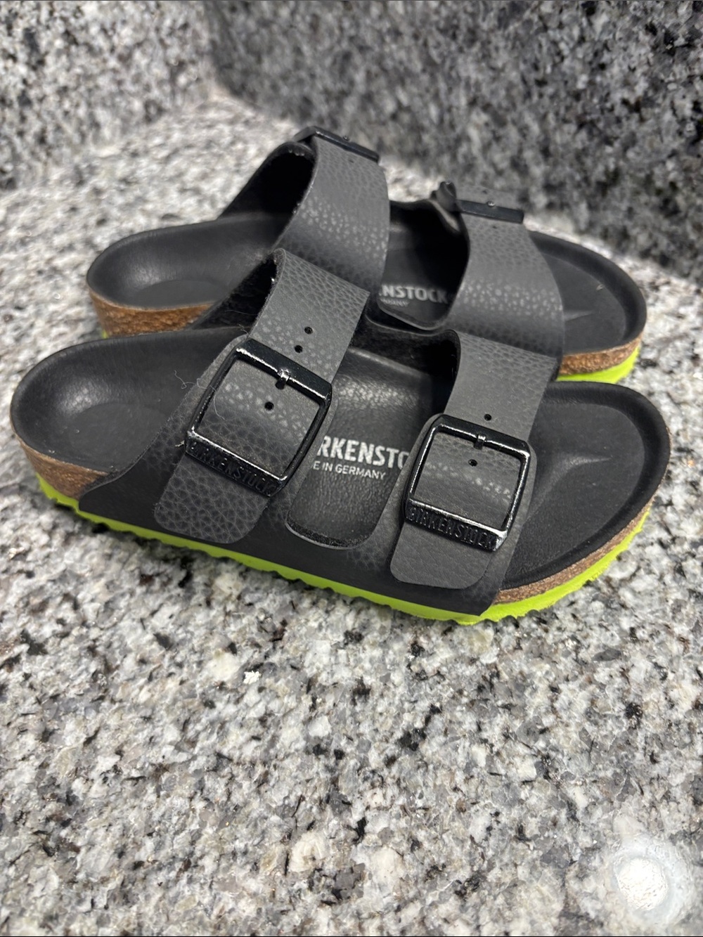 Birkenstock Kids Two-Strap Sandal in Black with Lime Green Sole